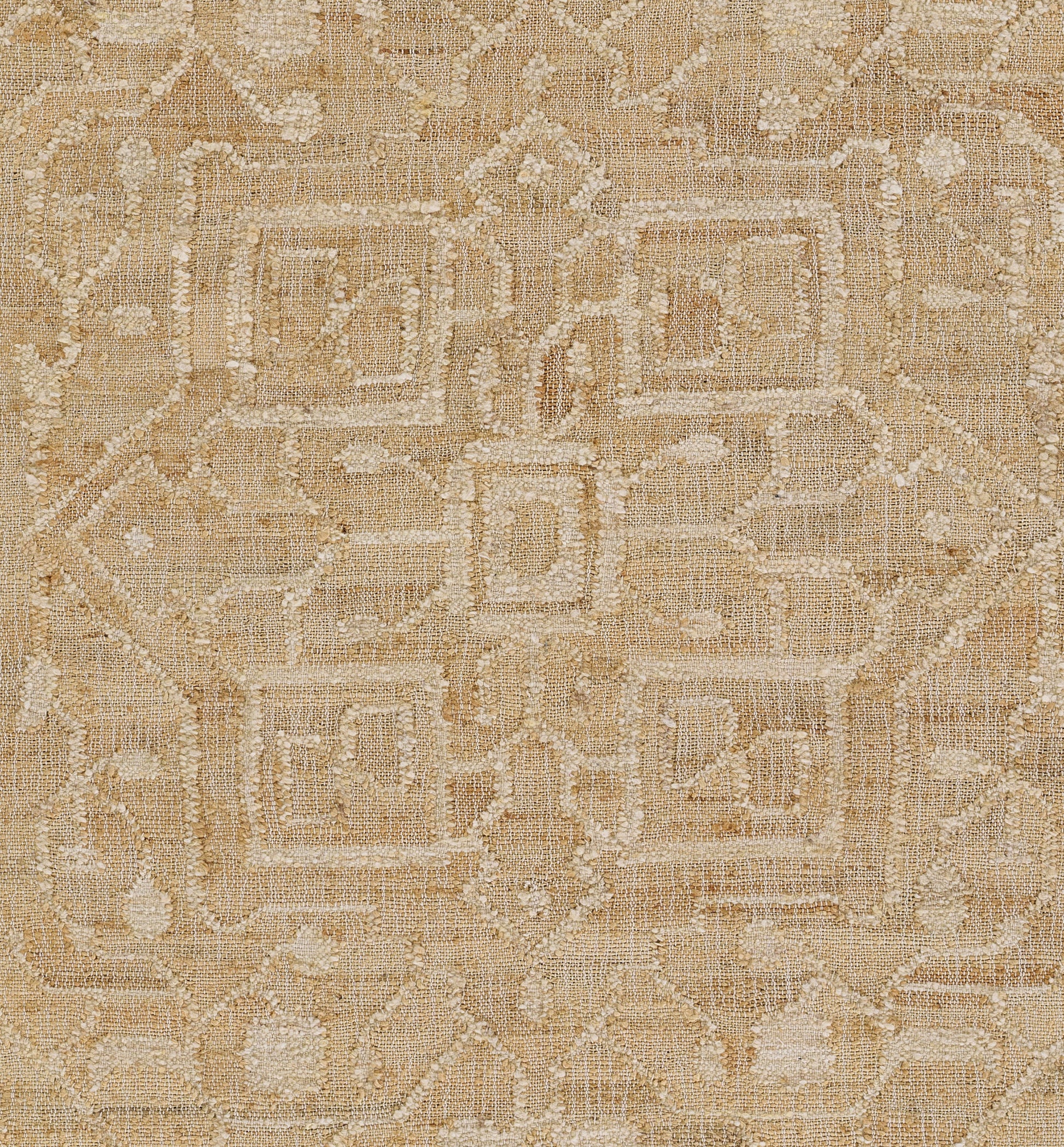 Beige rug with ivory geometric medallions; woven kilim-style pattern for neutral, vintage-inspired decor.