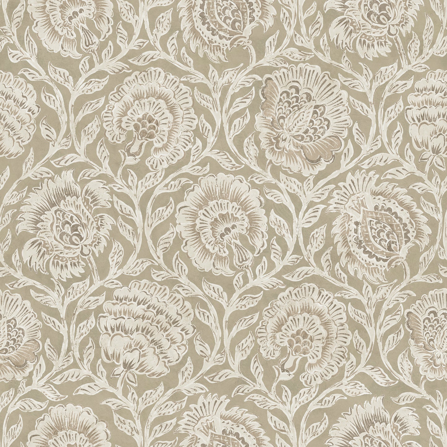 Beige wallpaper with white damask floral pattern; ornate roses and vines for a classic decorative look.