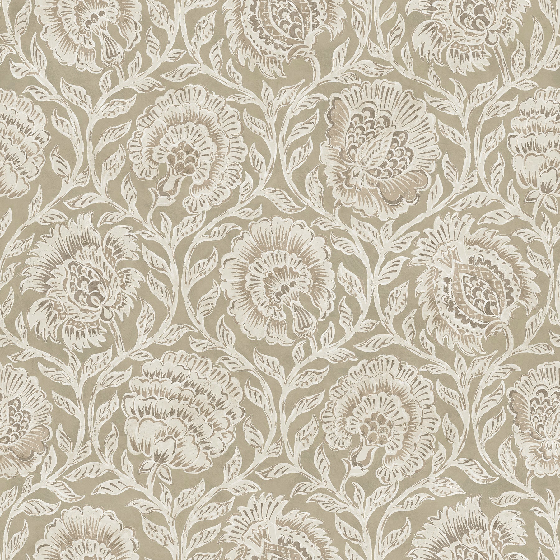 Beige wallpaper with white damask floral pattern; ornate roses and vines for a classic decorative look.