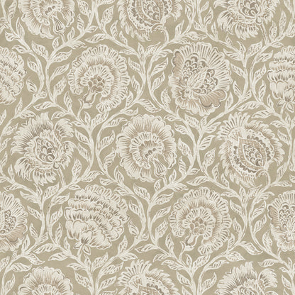 Beige wallpaper with white damask floral pattern; ornate roses and vines for a classic decorative look.