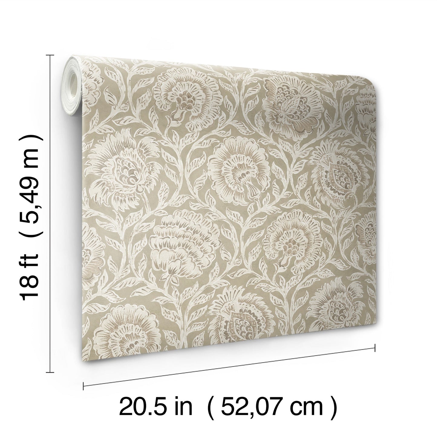 Beige wallpaper roll with ivory damask floral pattern; classic damask style, 18 ft long, 20.5 in wide.
