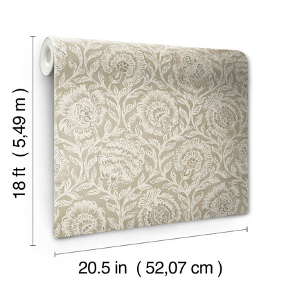 Beige wallpaper roll with ivory damask floral pattern; classic damask style, 18 ft long, 20.5 in wide.