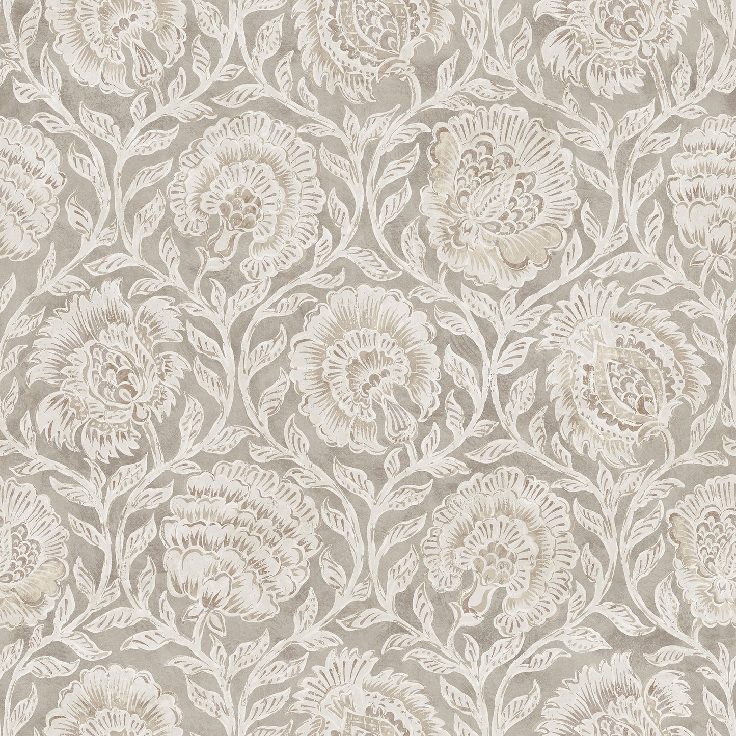 Cream floral damask wallpaper pattern on taupe background; large peony-style blossoms and vines.