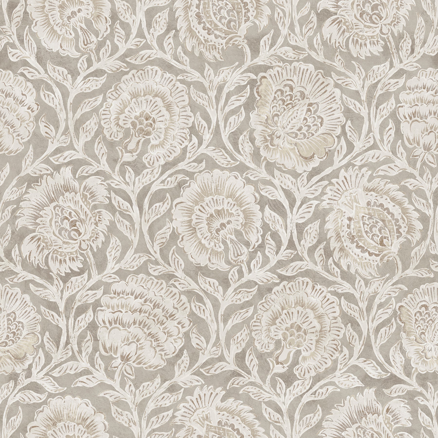 Cream floral damask wallpaper pattern on taupe background; large peony-style blossoms and vines.