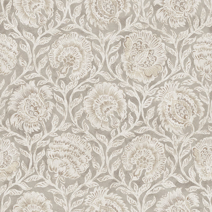 Cream floral damask wallpaper pattern on taupe background; large peony-style blossoms and vines.