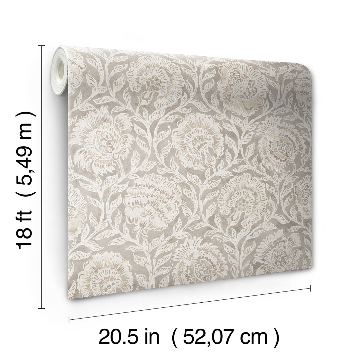 Ivory floral damask wallpaper roll, 20.5 in wide by 18 ft long; ornate botanical pattern for walls.