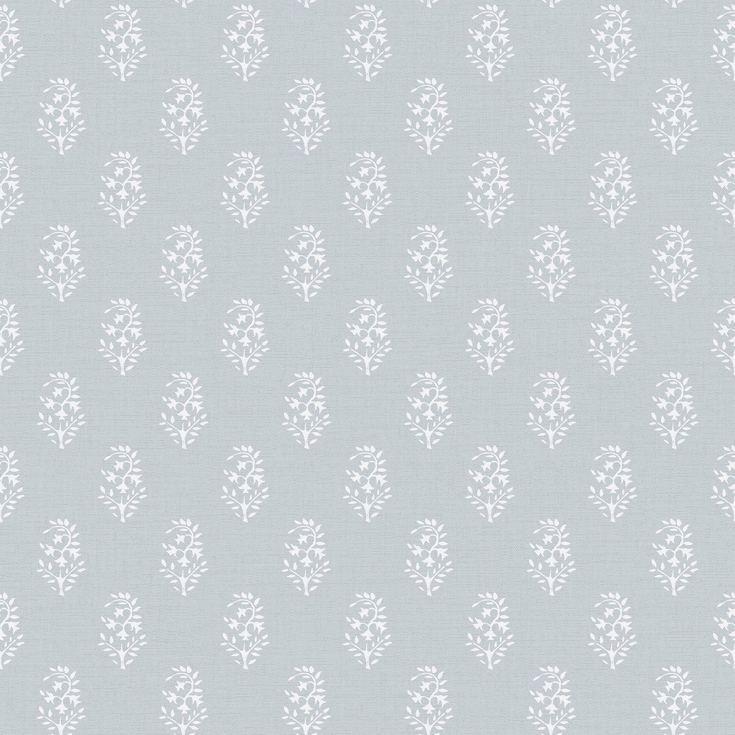 Soft blue wallpaper with repeating white floral motifs arranged in vertical bouquets.