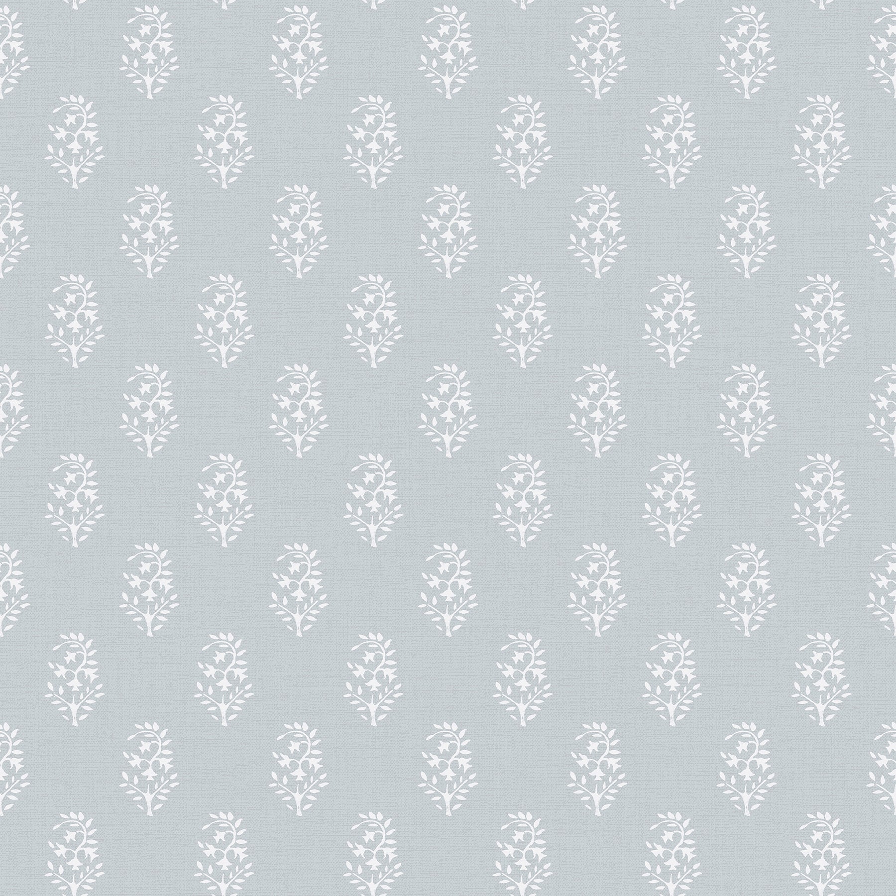 Soft blue wallpaper with repeating white floral motifs arranged in vertical bouquets.