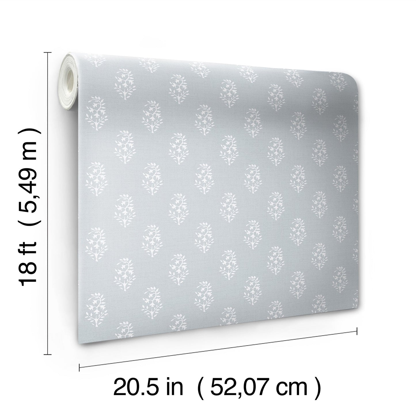 Gray wallpaper roll featuring white damask leaf pattern; 18 ft long by 20.5 in wide.