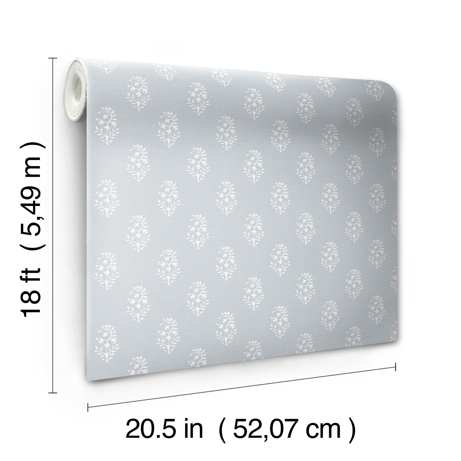 Gray wallpaper roll featuring white damask leaf pattern; 18 ft long by 20.5 in wide.