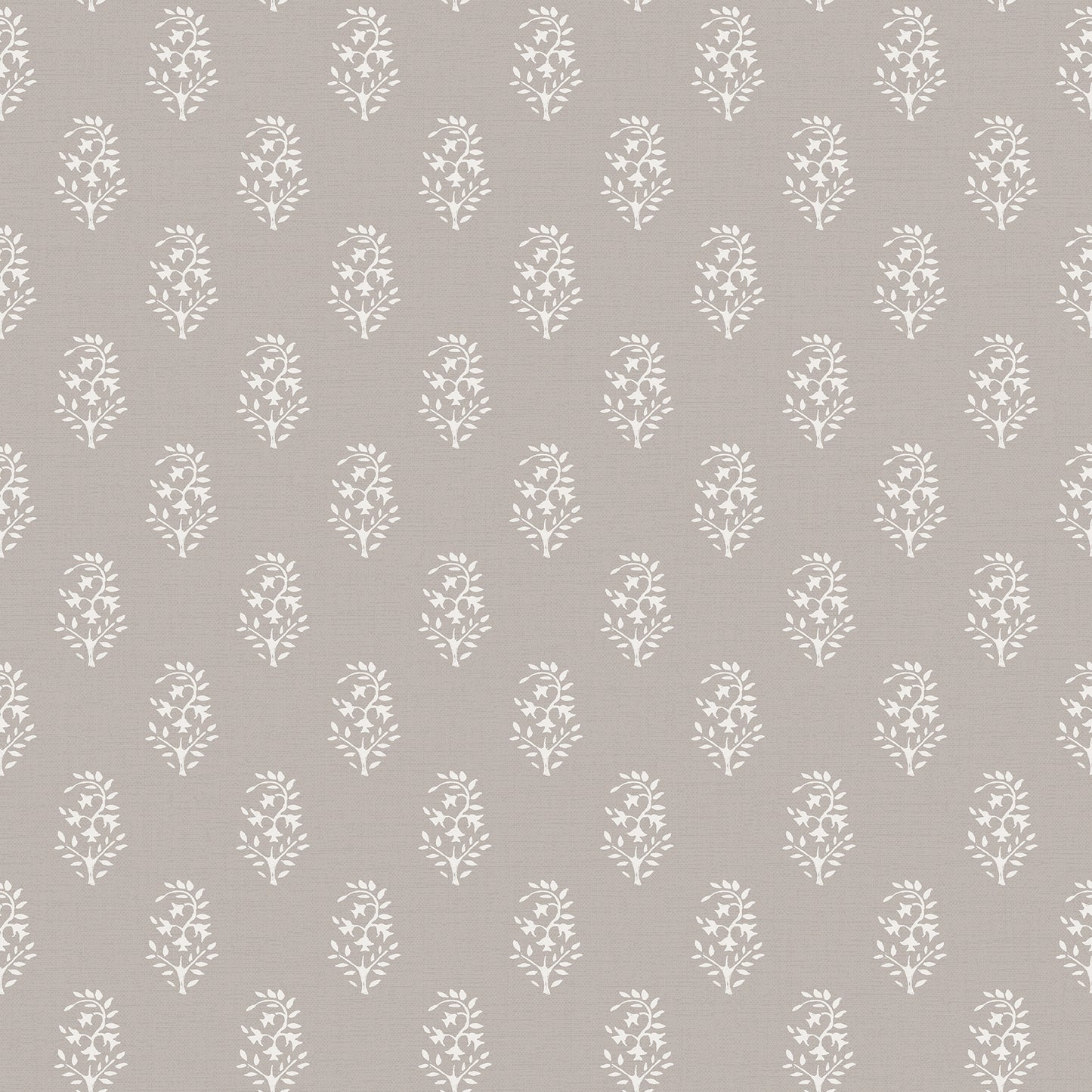 Taupe background with repeating white floral damask motifs; elegant botanical wallpaper pattern.