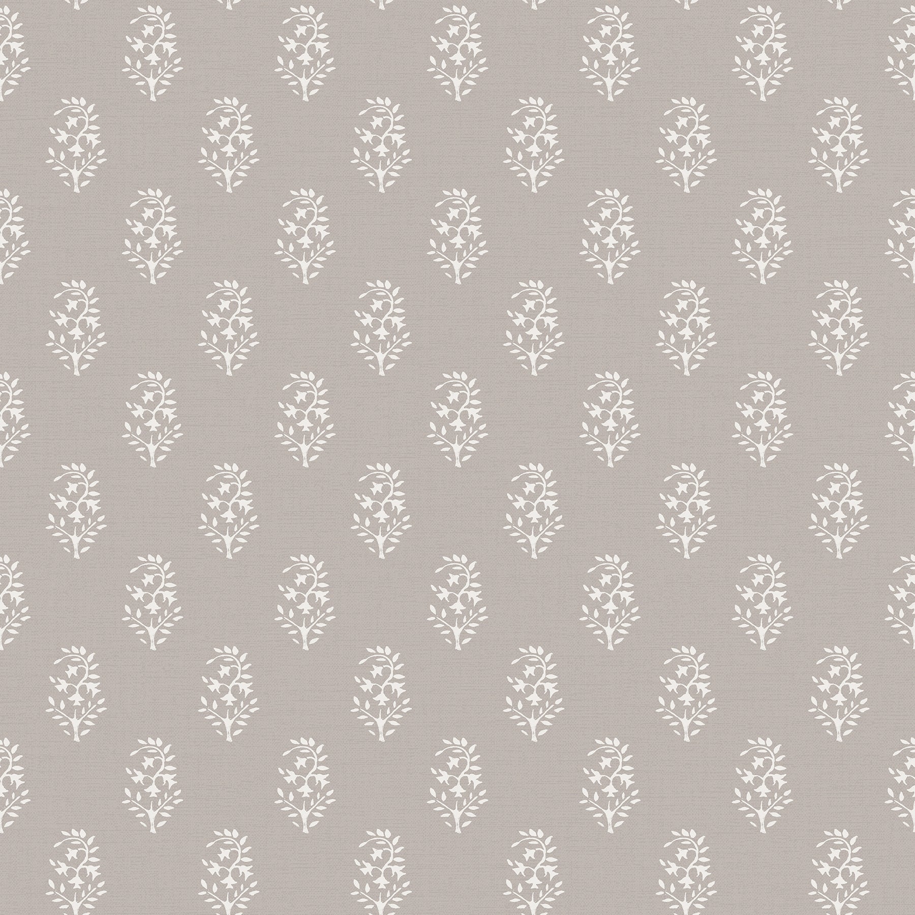 Taupe background with repeating white floral damask motifs; elegant botanical wallpaper pattern.