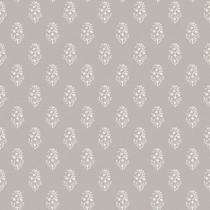 Taupe background with repeating white floral damask motifs; elegant botanical wallpaper pattern.