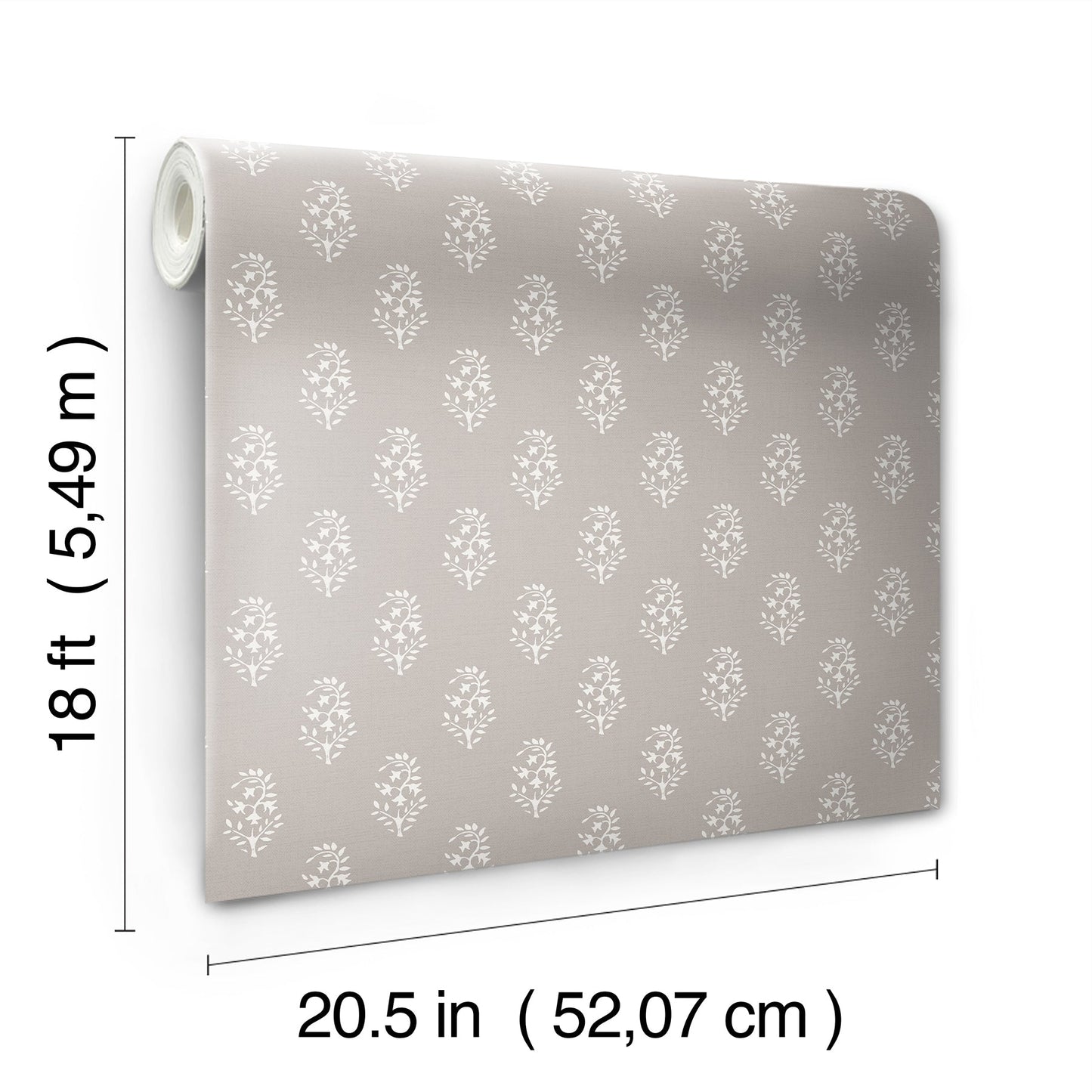 Grey wallpaper roll with white botanical leaf pattern, 18 ft long by 20.5 in wide.