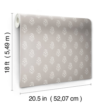 Grey wallpaper roll with white botanical leaf pattern, 18 ft long by 20.5 in wide.