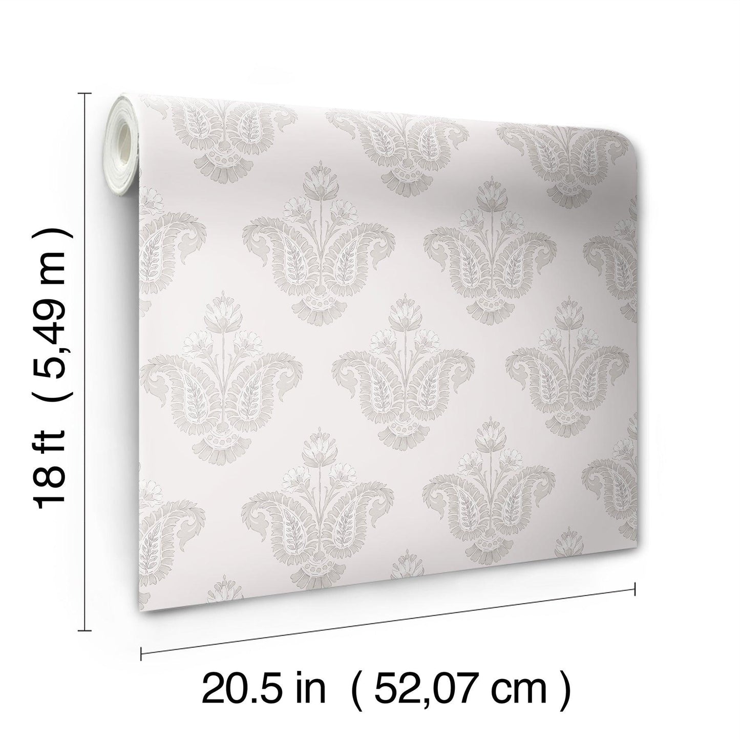 White wallpaper roll with a subtle light-gray damask pattern; 18 ft long, 20.5 in wide.