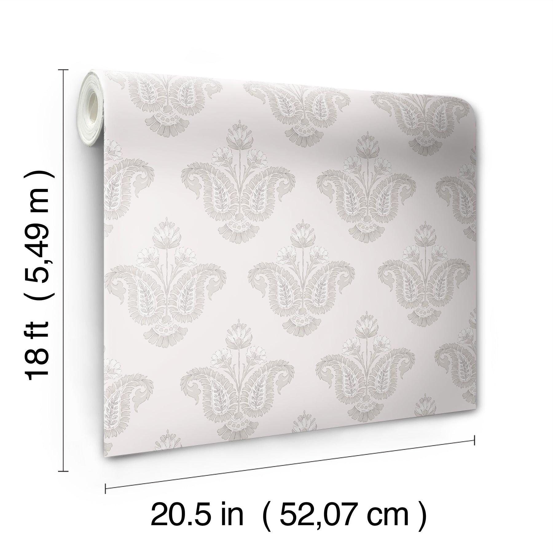 White wallpaper roll with a subtle light-gray damask pattern; 18 ft long, 20.5 in wide.