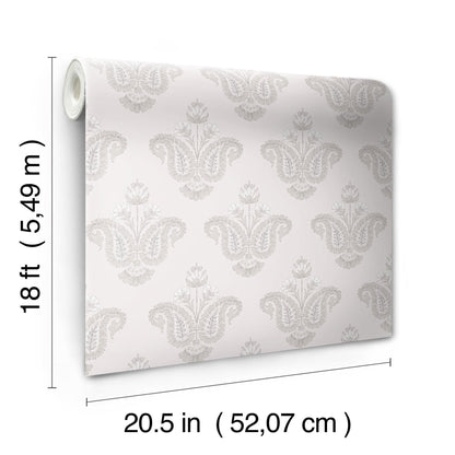 White wallpaper roll with a subtle light-gray damask pattern; 18 ft long, 20.5 in wide.