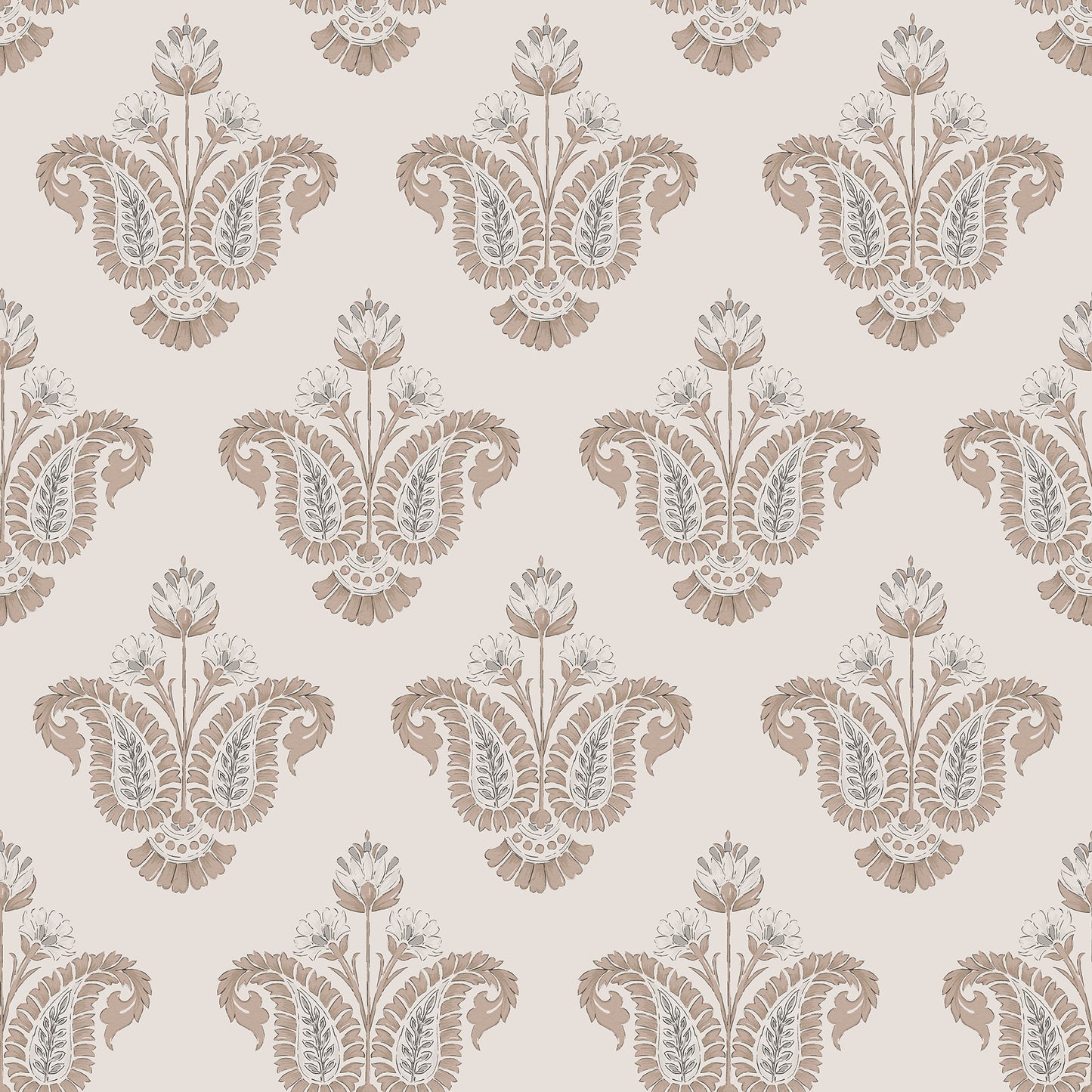 Terracotta-toned wallpaper with a floral damask pattern on a cream background; peel-and-stick.