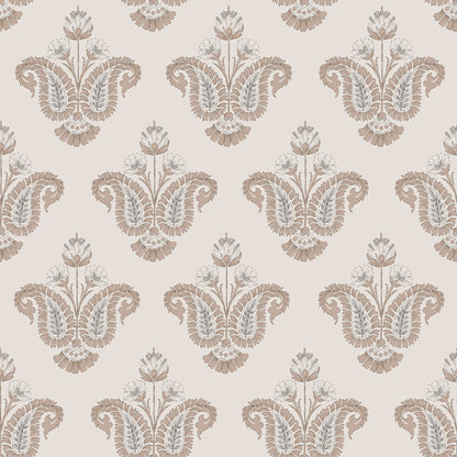 Terracotta-toned wallpaper with a floral damask pattern on a cream background; peel-and-stick.