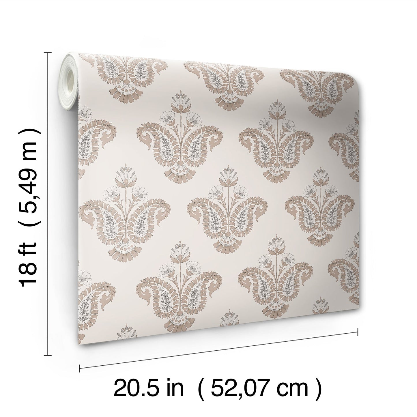 Beige damask wallpaper roll on ivory background; ornate floral pattern, decorative wall covering, 18 ft long, 20.5 in wide.