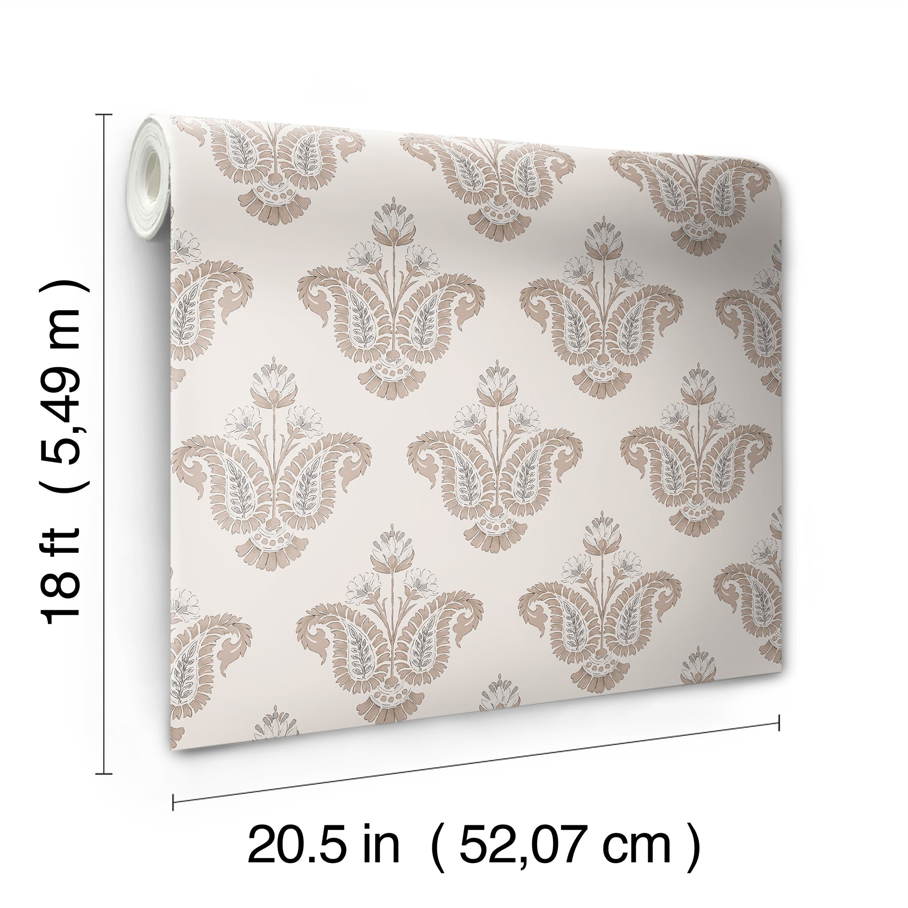 Beige damask wallpaper roll on ivory background; ornate floral pattern, decorative wall covering, 18 ft long, 20.5 in wide.