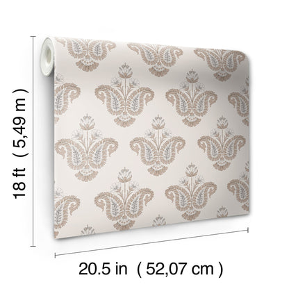 Beige damask wallpaper roll on ivory background; ornate floral pattern, decorative wall covering, 18 ft long, 20.5 in wide.