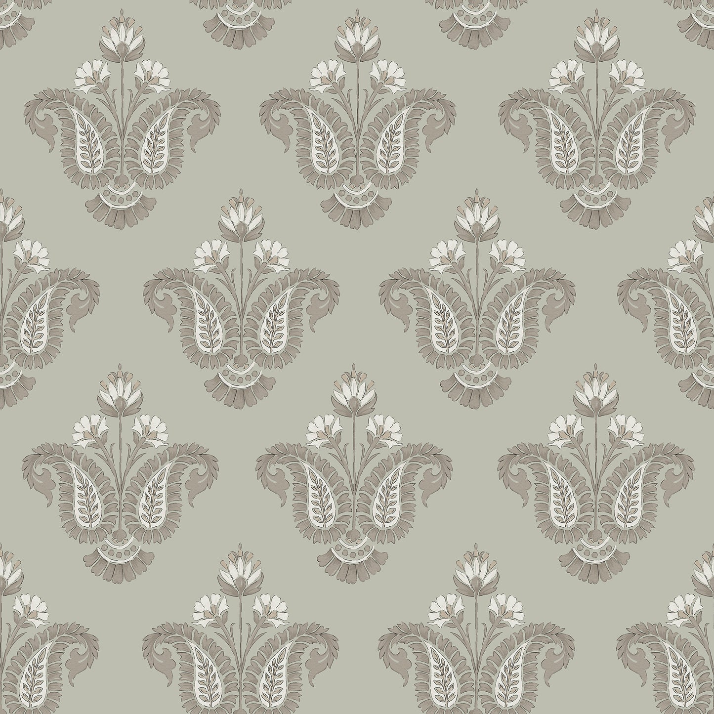 Taupe damask pattern on sage backdrop; ornate vintage floral motif; peel-and-stick wallpaper.