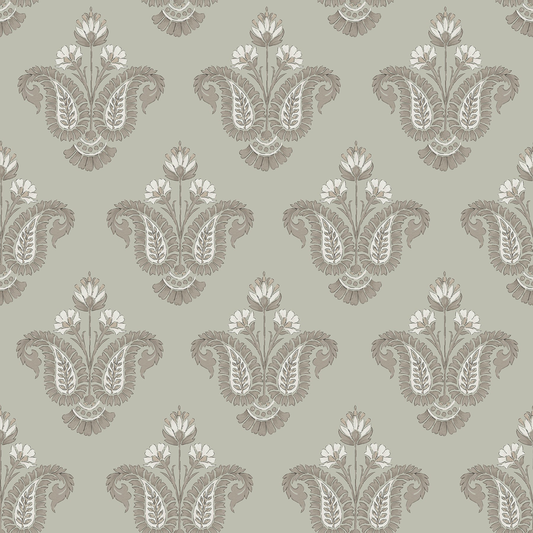 Taupe damask pattern on sage backdrop; ornate vintage floral motif; peel-and-stick wallpaper.