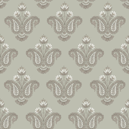 Taupe damask pattern on sage backdrop; ornate vintage floral motif; peel-and-stick wallpaper.