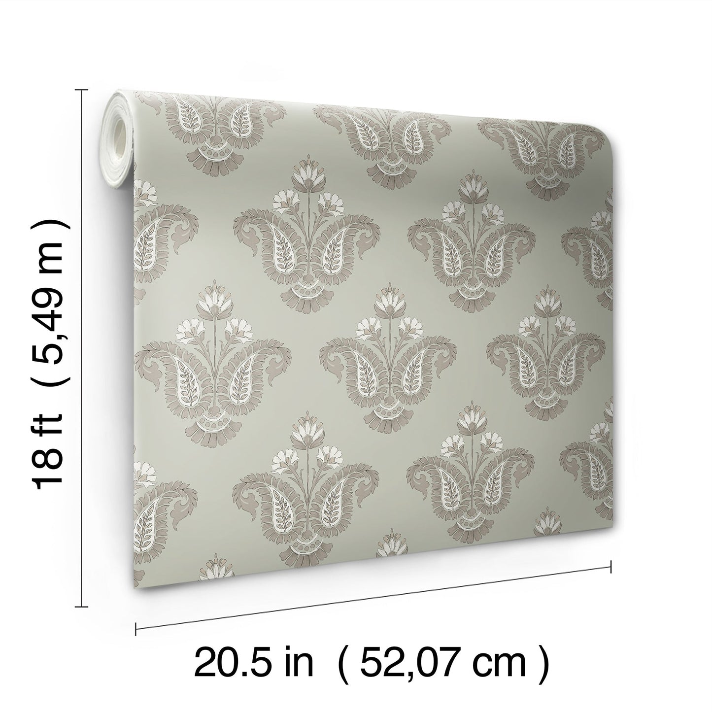Wallpaper roll with beige damask pattern on pale gray-green background; decorative wall covering, 20.5 in x 18 ft.