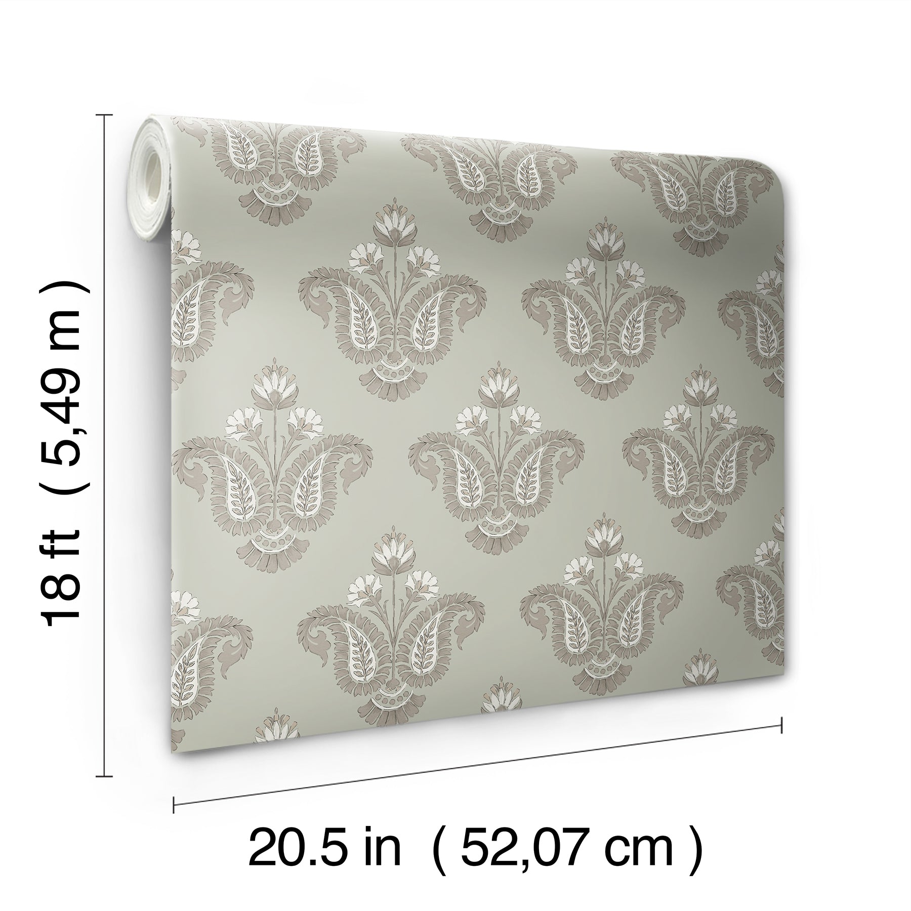Wallpaper roll with beige damask pattern on pale gray-green background; decorative wall covering, 20.5 in x 18 ft.