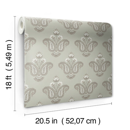 Wallpaper roll with beige damask pattern on pale gray-green background; decorative wall covering, 20.5 in x 18 ft.