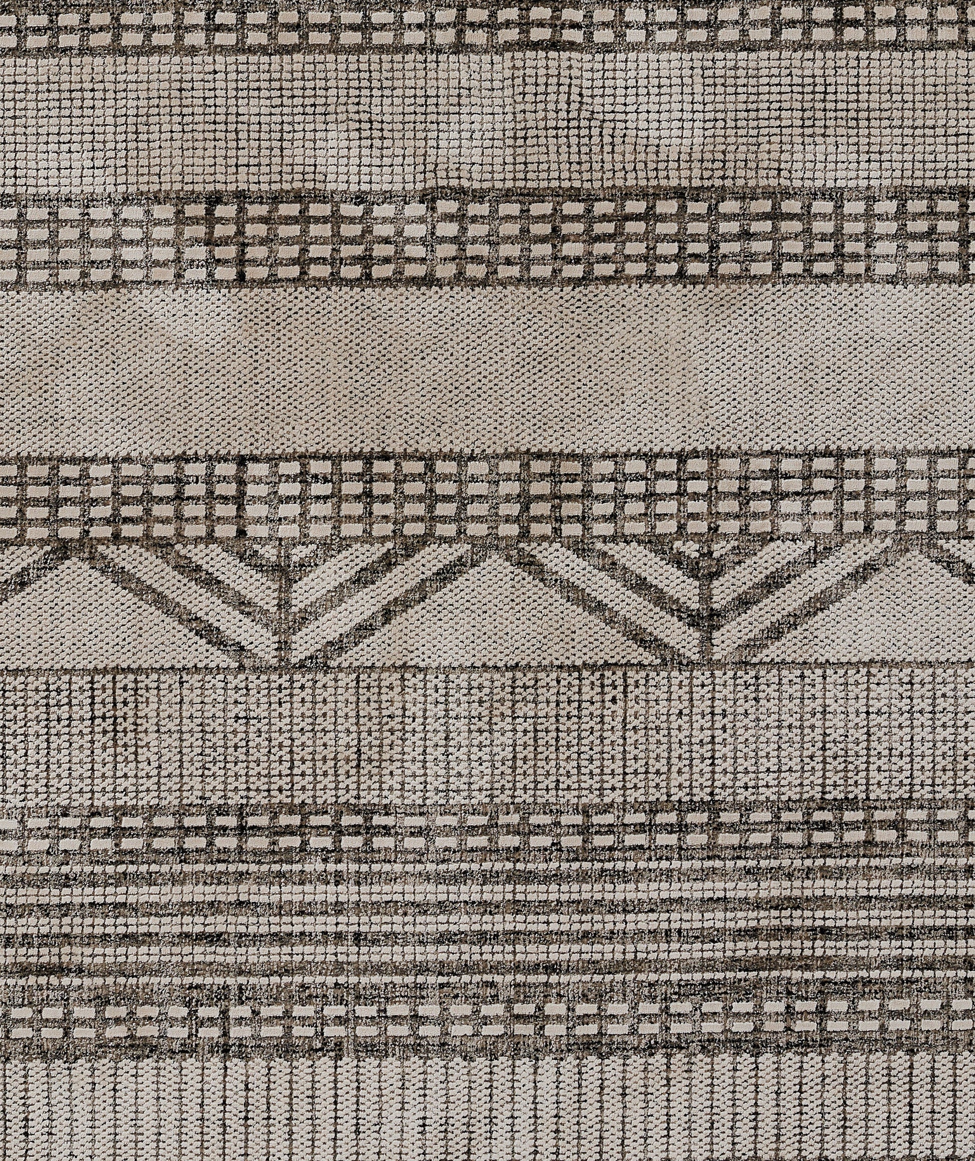 Beige-gray woven rug with black geometric grids and chevron stripe pattern; textile texture, 2' x 3'.