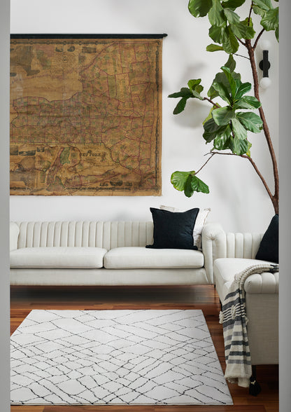 White geometric rug 2' x 3' on wood floor, with a beige tufted sofa, black pillows, vintage map art, fiddle-leaf fig, and striped throw.