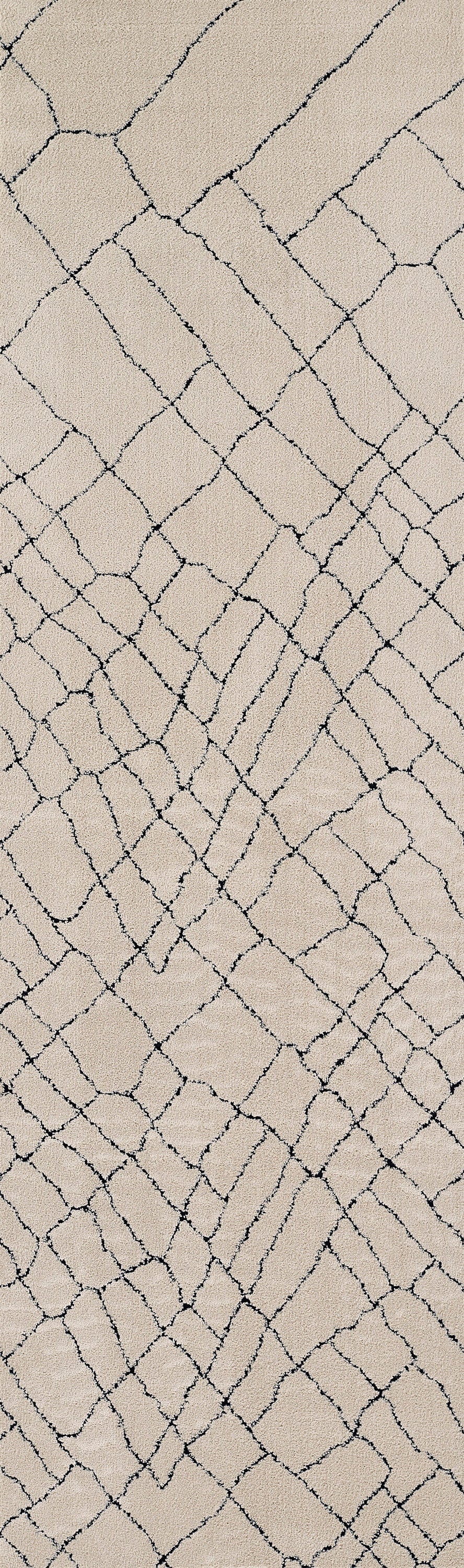Ivory shag rug with dark charcoal lattice pattern; plush pile, modern geometric decor for living spaces.