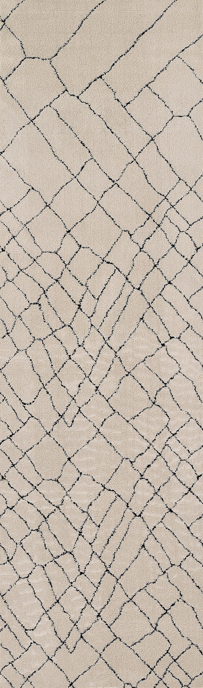 Ivory shag rug with dark charcoal lattice pattern; plush pile, modern geometric decor for living spaces.