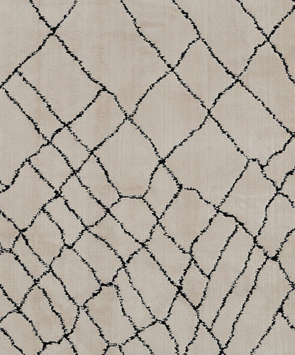 Beige area rug with black irregular diamond lattice pattern; modern geometric design, medium-pile carpet.