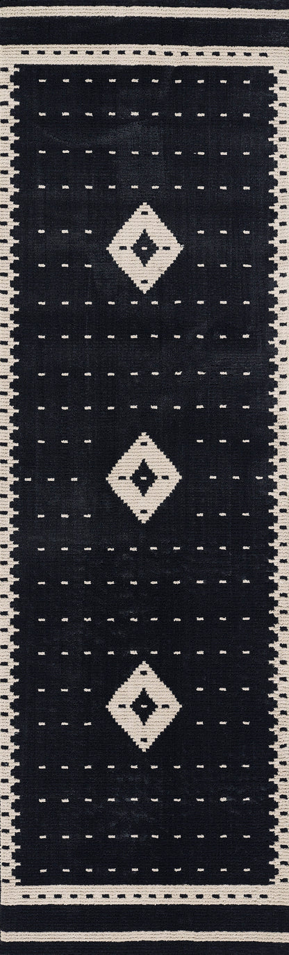 Black flatweave area rug with three cream diamond motifs, dotted grid, and cream striped border, 9' x 13'.