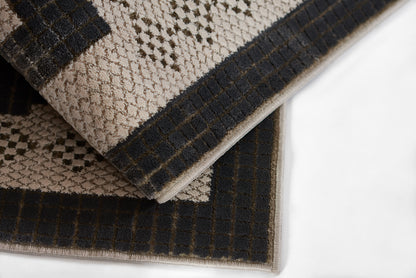 Beige and navy layered geometric area rug with plush tufted pile and square grid pattern for modern living rooms.