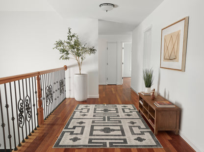 Bright hallway with hardwood floors, black wrought-iron railing, potted plant, geometric gray area rug, and wooden console.