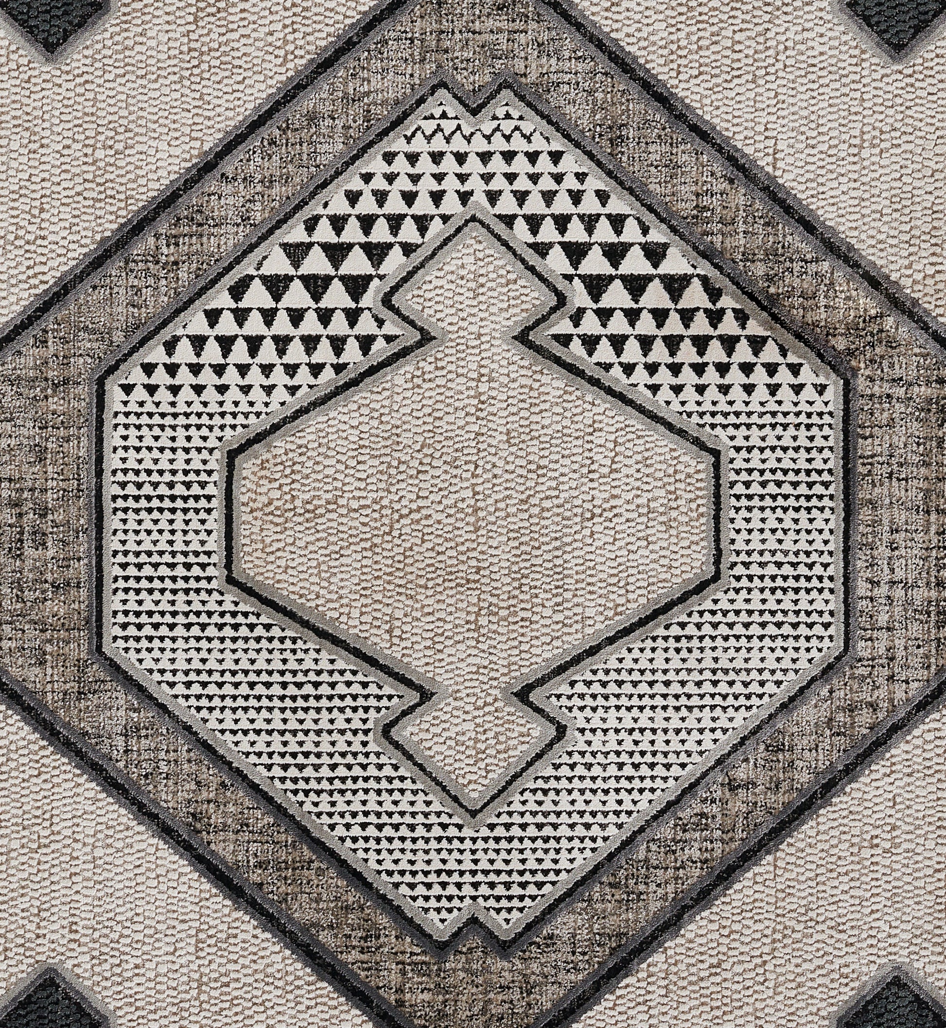 Beige and ivory geometric rug with charcoal diamond motif and textured kilim-inspired weave.