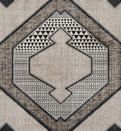 Beige and ivory geometric rug with charcoal diamond motif and textured kilim-inspired weave.