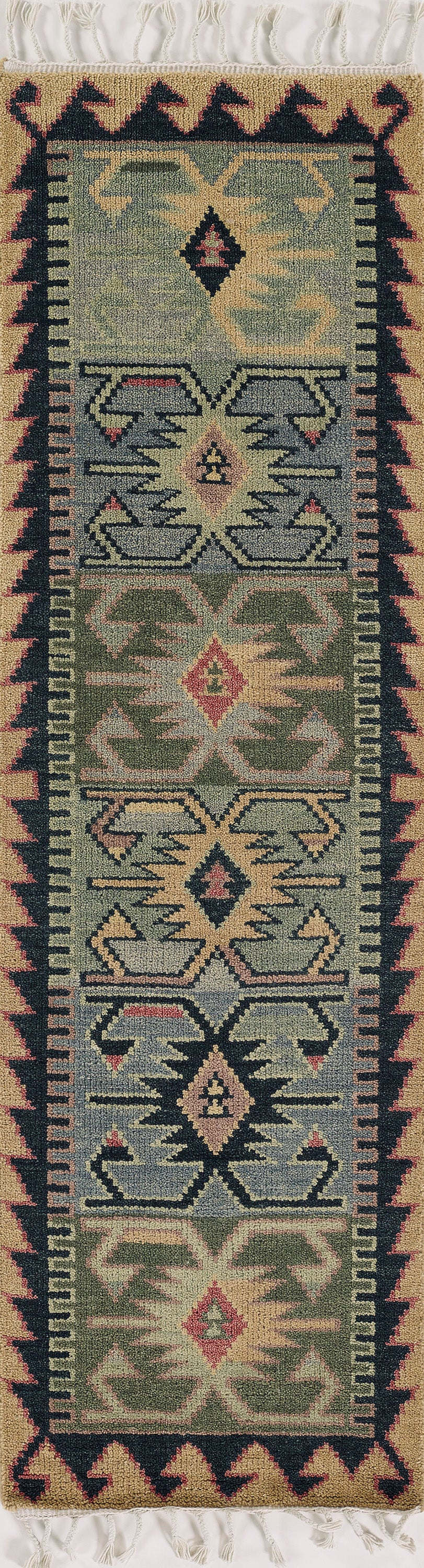NomadNOM blue geometric tribal runner rug with diamond motifs, olive, teal & beige, fringed ends.