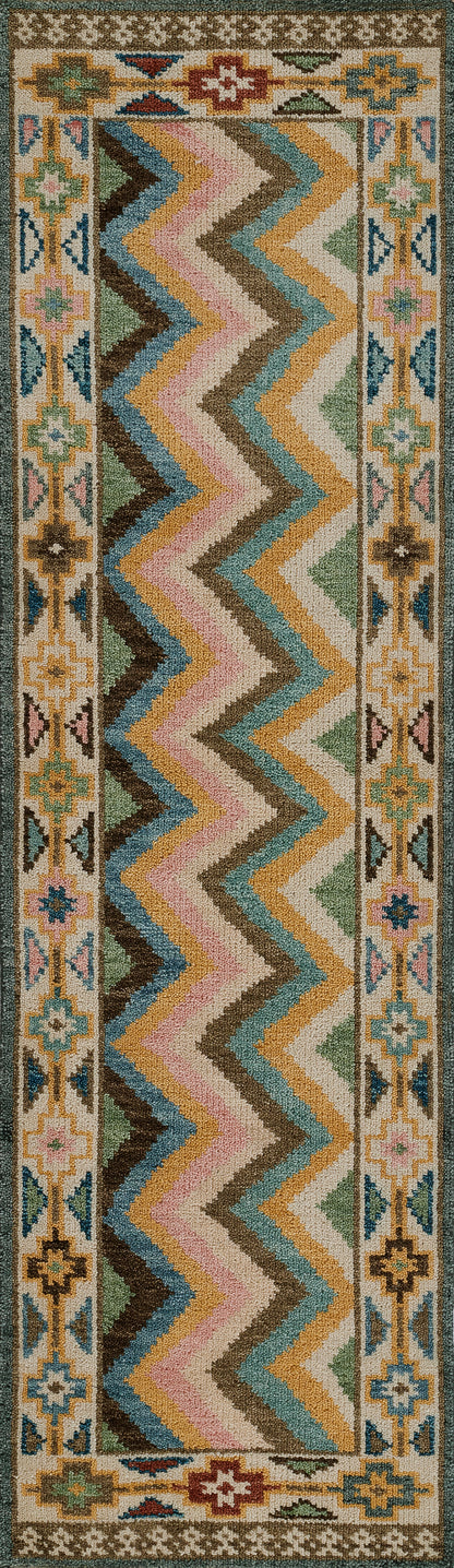 8' x 11' area rug with pastel chevron center in pink, teal, blue, yellow and brown; cream background with floral border.