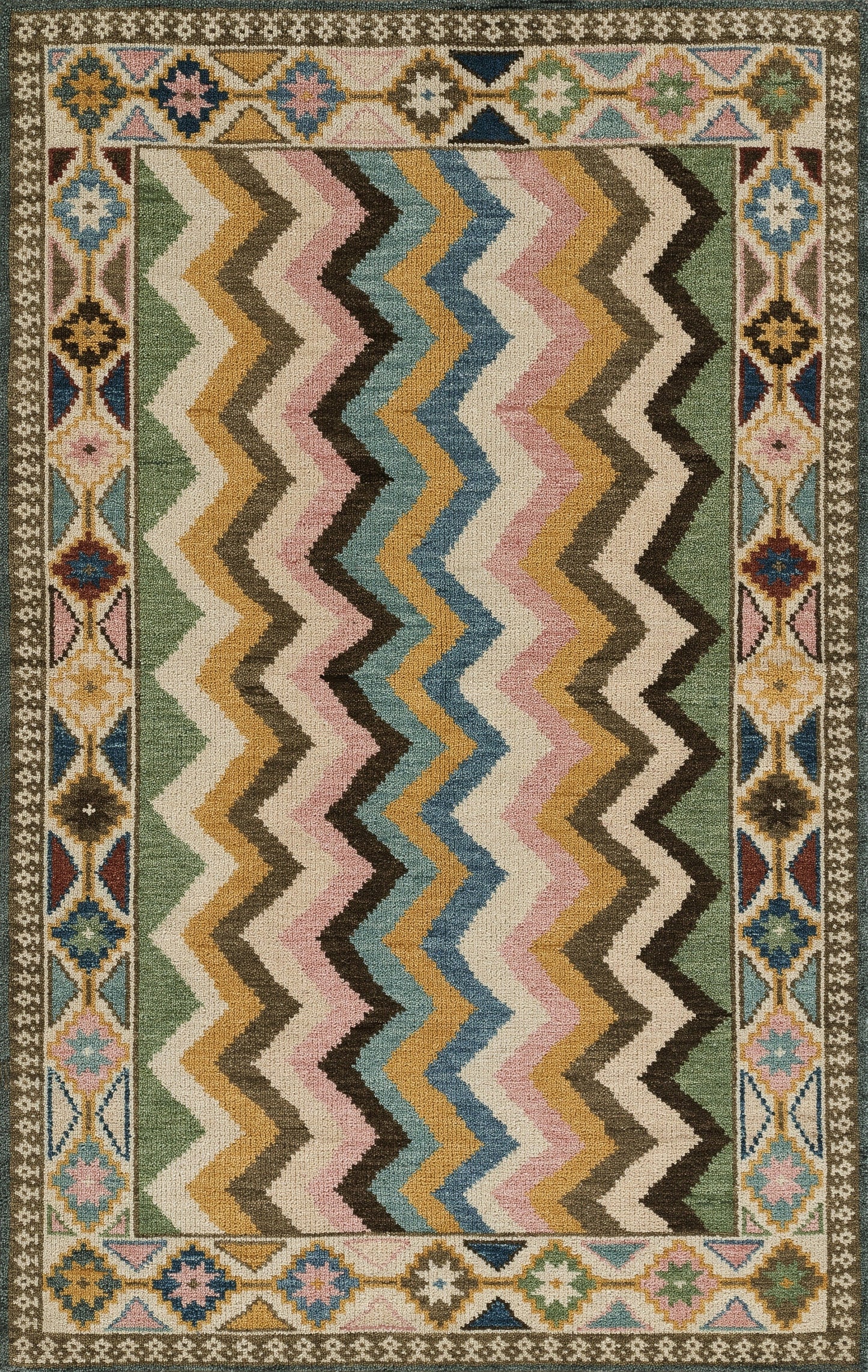 Colorful zigzag chevron rug with an olive-green central field and ornate border of diamonds and florals in cream, blue, gold.