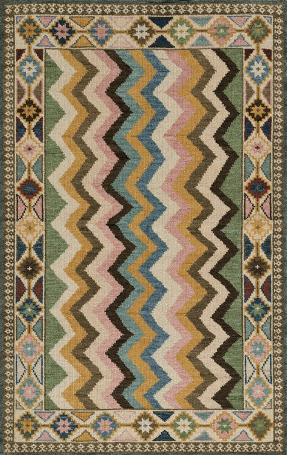 Colorful zigzag chevron rug with an olive-green central field and ornate border of diamonds and florals in cream, blue, gold.