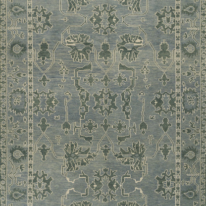 Blue and ivory traditional oriental rug with intricate floral medallions and border, decorative area rug.