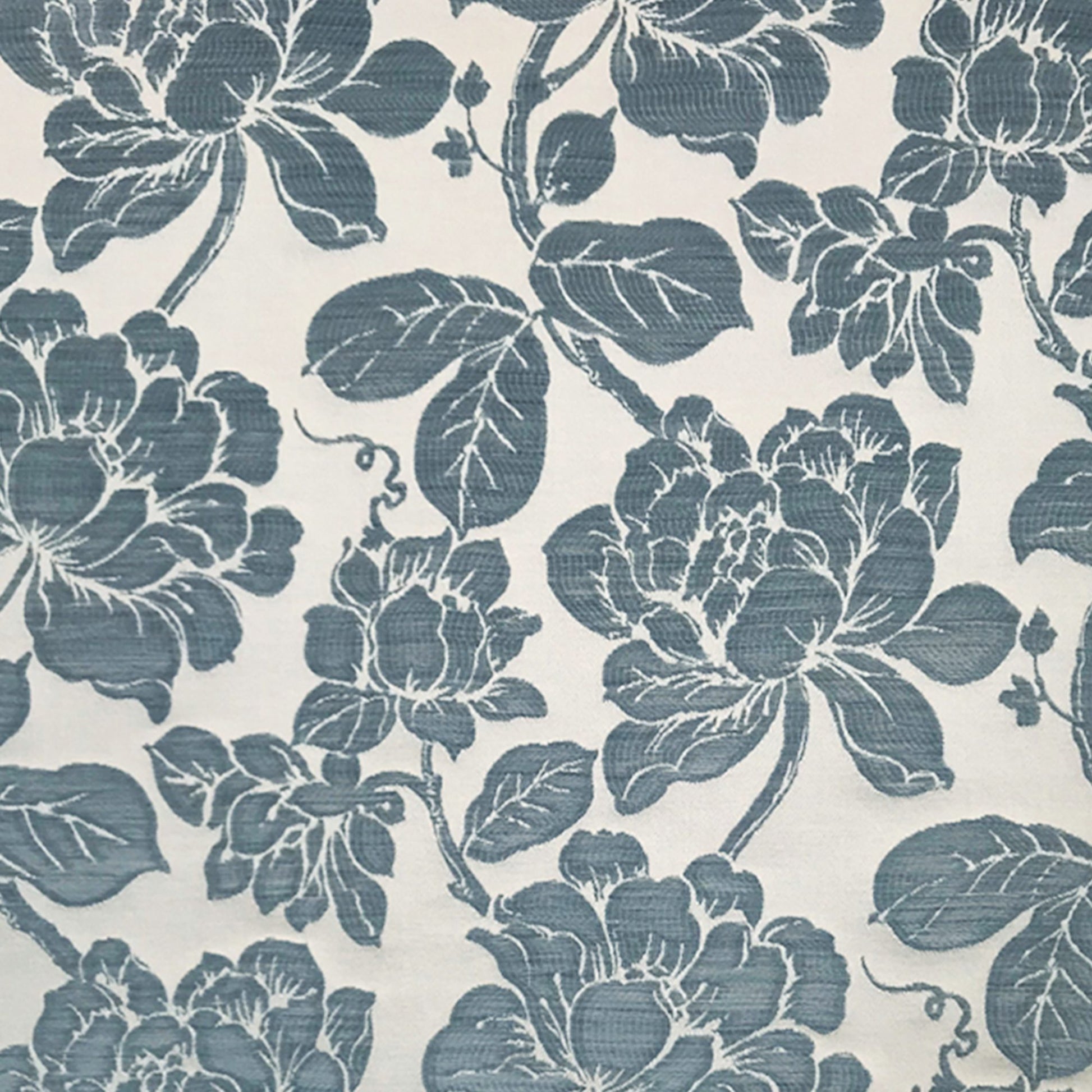 Blue floral pattern with large blossom clusters & leaves on a cream background; faux silk jacquard fabric texture.