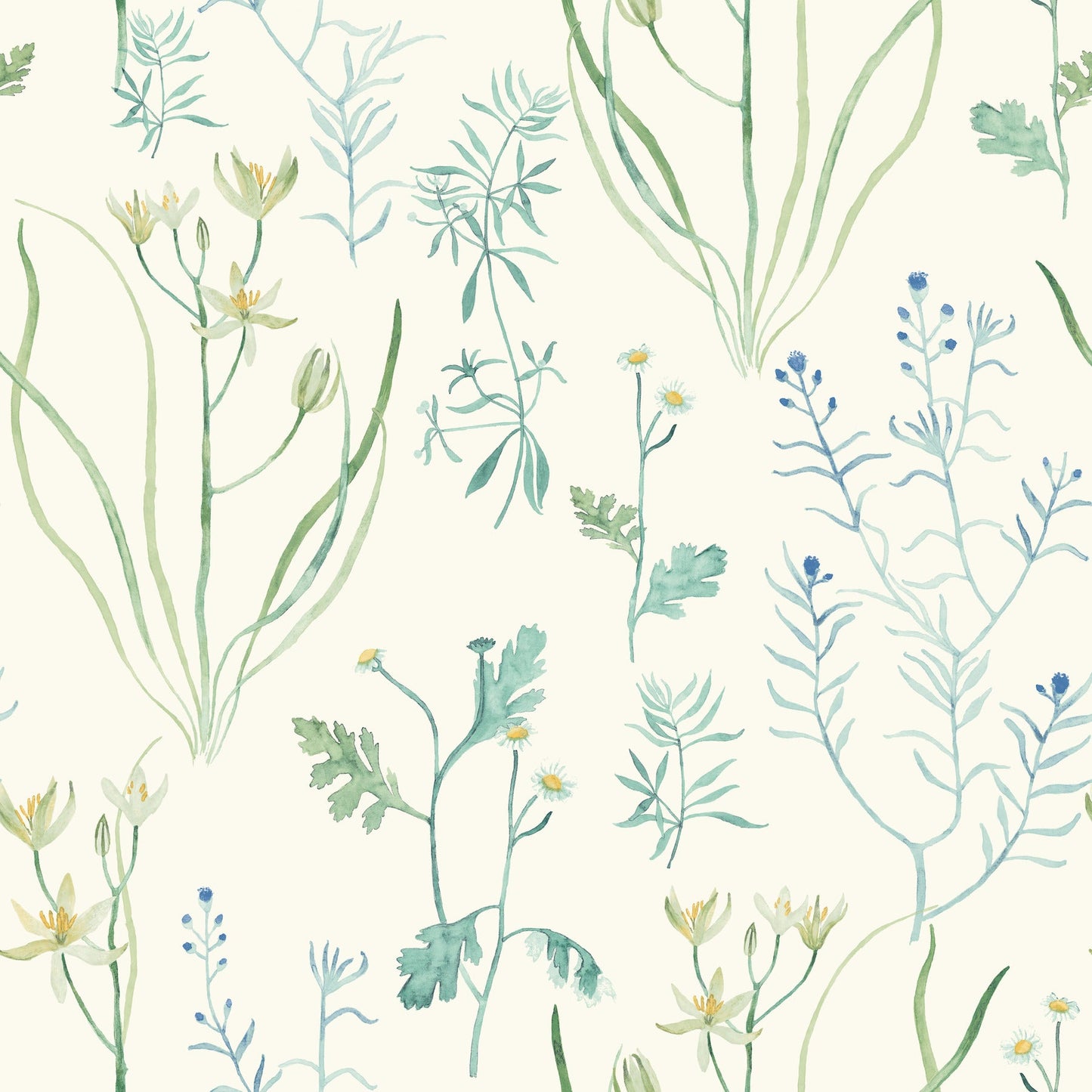Watercolor botanical pattern with green and blue stems, leaves and small daisy-like flowers on a cream background.